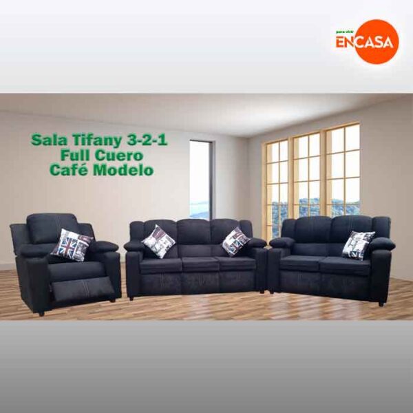 SALA TIFANNY 3-2-1 FULL CUERO CAFÉ MODELO